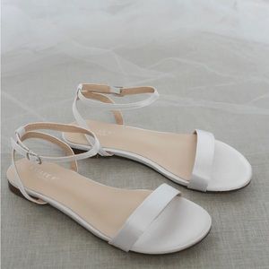 White Satin Wedding Flat Sandal with Ankle Strap size 8